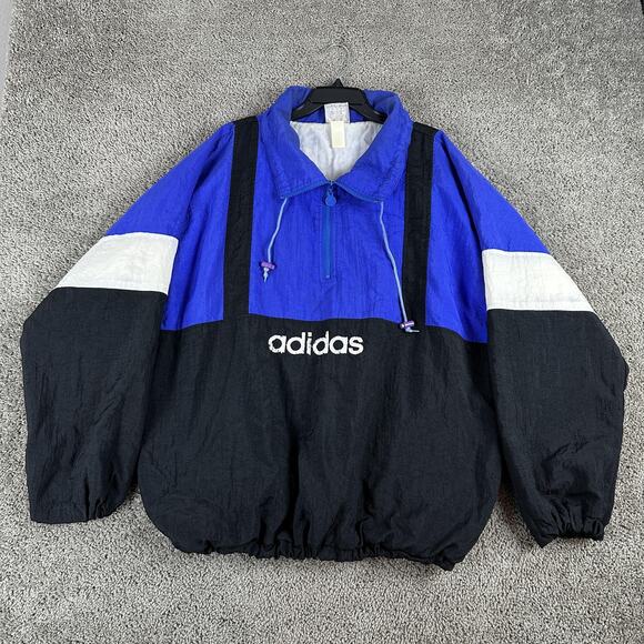 Vintage Adidas Jacket Mens XL Blue Black Anorak Quarter Zip Made Hong Kong 90s - Picture 3 of 16